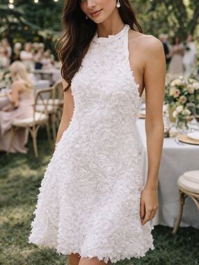 FAERIESTY Floral Appliqué White Ribbon Neck Halter Midi Dress